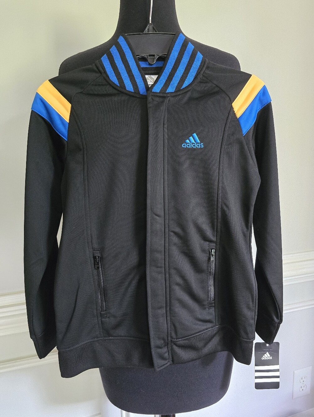 Adidas Boy’s Black Track Jacket with Blue & Yellow Accents Size 7X